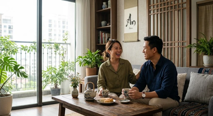 Hình ảnh đôi vợ chồng trò chuyện hạnh phúc trong không gian ấm cúng thể hiện đường tình duyên tuổi thân hòa hợp và bền vững