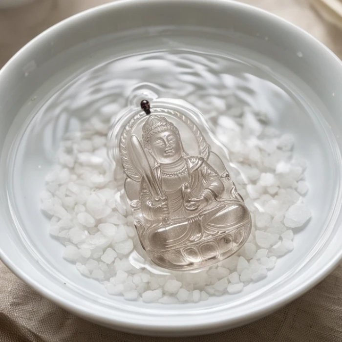 Mặt phật đá phong thủy được ngâm thanh tẩy trong bát sứ chứa nước muối biển loãng sạch sẽ