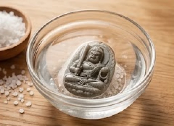 Mặt Phật Bất Động Minh Vương được ngâm ngập hoàn toàn trong bát thủy tinh chứa dung dịch nước ấm pha muối biển tự nhiên