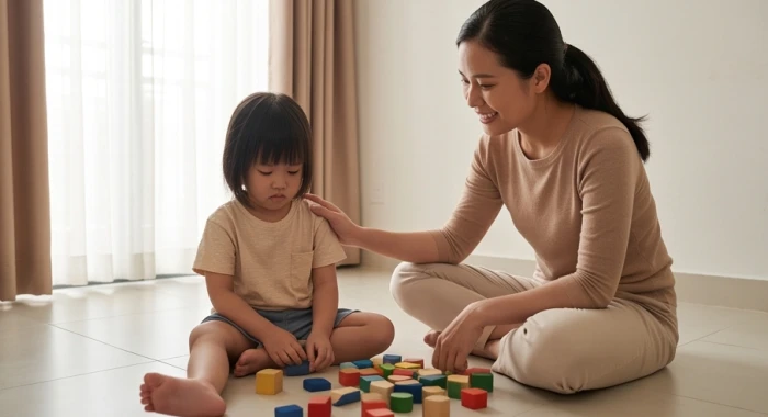 Người mẹ ân cần ôm và vỗ về con nhỏ đang hậm hực vì món đồ chơi ghép hình không khớp