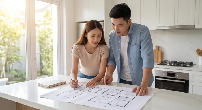 Đôi vợ chồng trẻ cùng xem bản vẽ thiết kế mặt bằng nhà ở để chọn phương vị đón nắng
