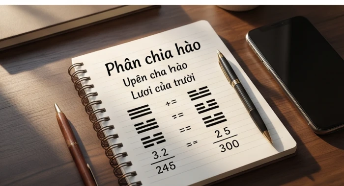 Trang sổ tay ghi chi tiết các bước cộng chia dãy số để tính quẻ thượng và quẻ hạ kinh dịch