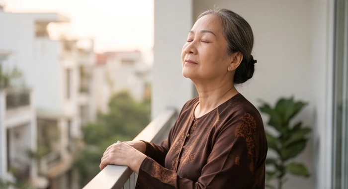 Người phụ nữ lớn tuổi nhắm mắt tĩnh tâm hít thở sâu tại ban công để làm dịu cảm xúc