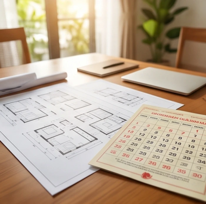 Bản vẽ thiết kế nhà và lịch âm dương hiển thị rõ cách tính tuổi mụ cho gia chủ sinh năm 1941