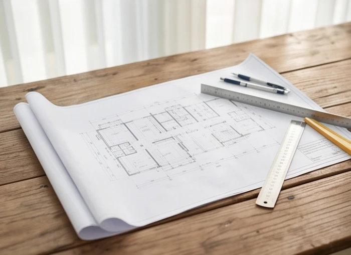 Bản vẽ thiết kế nhà ở được trải trên bàn cùng các công cụ đo đạc