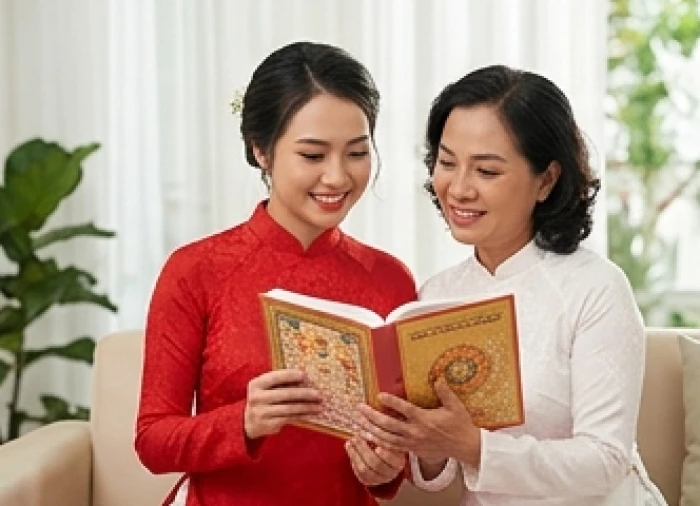 Cô dâu tuổi Hợi diện áo dài đỏ tươi cười xem lịch vạn niên chọn năm cưới đại cát không phạm hạn Kim Lâu