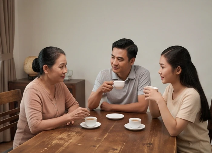 Hai thế hệ trong gia đình cùng trò chuyện về cách đối phó vận hạn và lập kế hoạch cho công việc mới