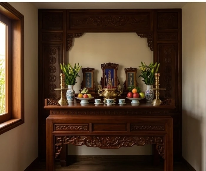 Gian thờ cúng trang nghiêm bằng gỗ gõ đỏ đặt tọa tại cung Tây Nam và xoay hướng Tây Bắc cho nam mạng Càn Kim
