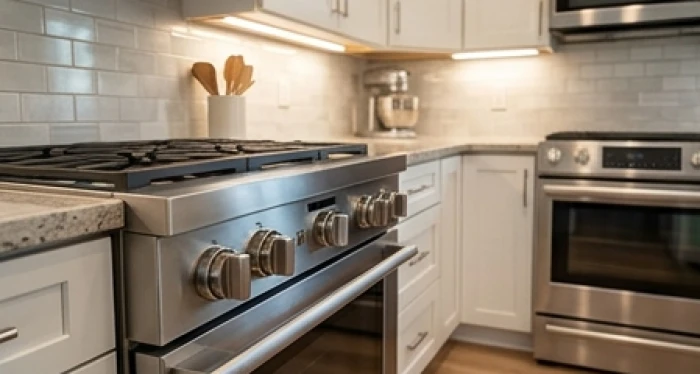 Bếp gas hiện đại lắp đặt tại góc phòng với các núm vặn hướng về không gian mở
