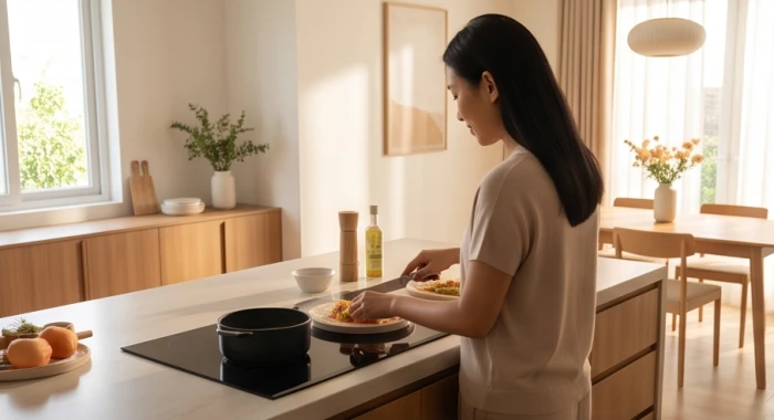 Người phụ nữ đứng nấu tại gian bếp hiện đại bố trí đúng nguyên tắc tọa hung hướng cát