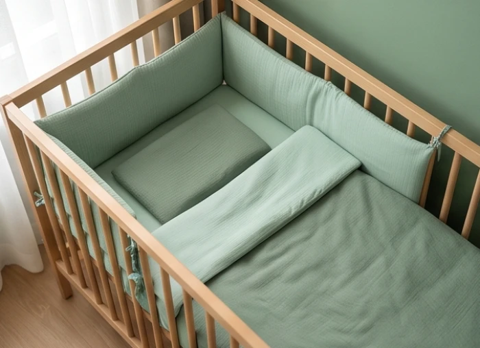 Góc nôi ngủ cho bé sơn tường màu xanh mint dịu nhẹ kết hợp chăn drap xanh rêu hỗ trợ năng lượng hành Mộc