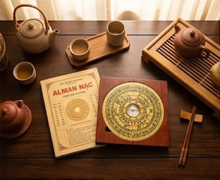 Sổ tay tử vi và la bàn phong thủy trên bàn gỗ hiển thị các chỉ số mệnh Thiên Thượng Hỏa năm Đinh Mùi