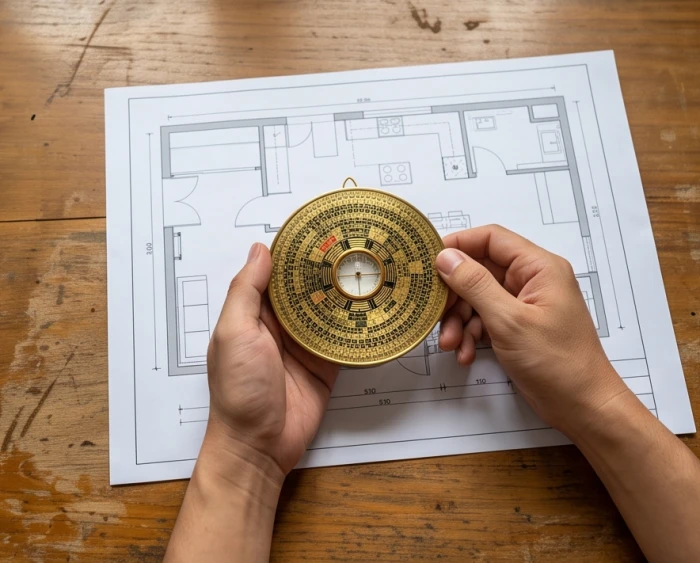 Gia chủ tuổi Tý cẩn thận dùng la bàn định vị phương hướng cát hung trên bản thiết kế bố trí tủ bếp
