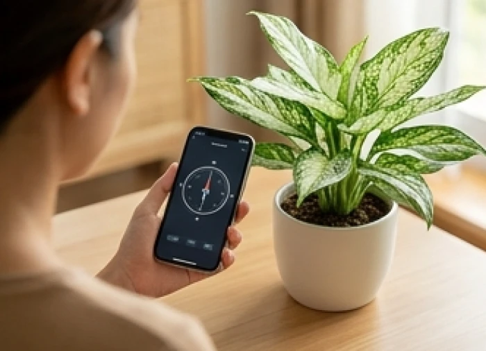 Một người dùng la bàn trên điện thoại thông minh để đo và xác định hướng đặt chậu cây phong thủy trong phòng