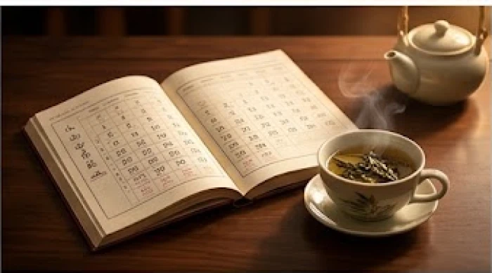 Cuốn lịch vạn niên trang nhã mở ra trên bàn làm việc cạnh tách trà mạn nóng hổi