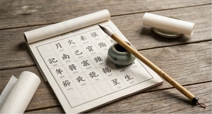 Bảng ghi chép cẩn thận các năm sinh âm lịch và nạp âm tương ứng của ngũ hành Thủy trên bàn làm việc