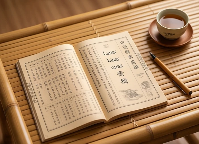 Cuốn lịch vạn niên truyền thống mở tại trang tra cứu sao hạn và ngũ hành chiếu mệnh cho gia đình