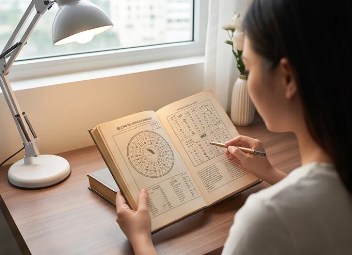 Người phụ nữ tra cứu sách tử vi phong thủy để chọn tuổi bạn đời hợp ngũ hành bản mệnh trong thư phòng