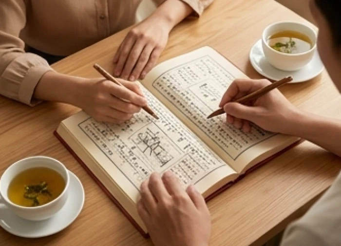 Hai vợ chồng cẩn thận tra cứu tài liệu tử vi phong thủy trên bàn để đối chiếu mức độ hòa hợp của các con giáp