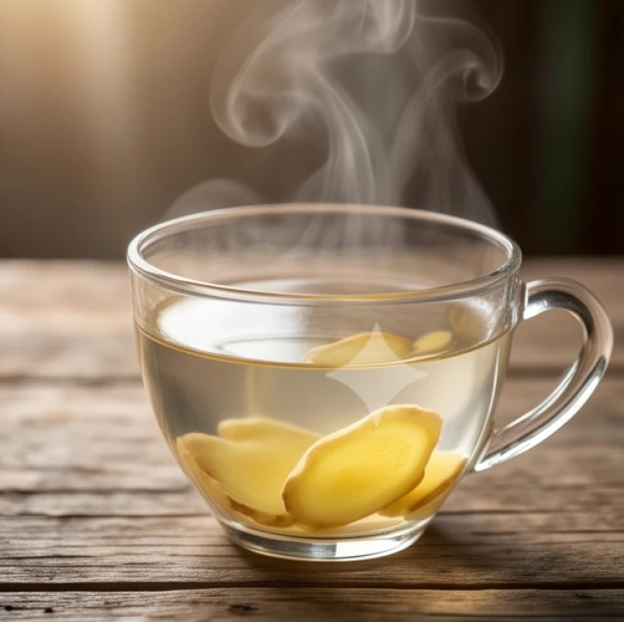 Tách trà gừng tươi nóng hổi với vài lát gừng vàng ươm chìm dưới đáy