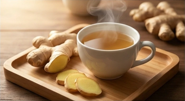 Một tách trà gừng nóng hổi bốc khói nhẹ được đặt trên khay gỗ bên cạnh những lát gừng tươi