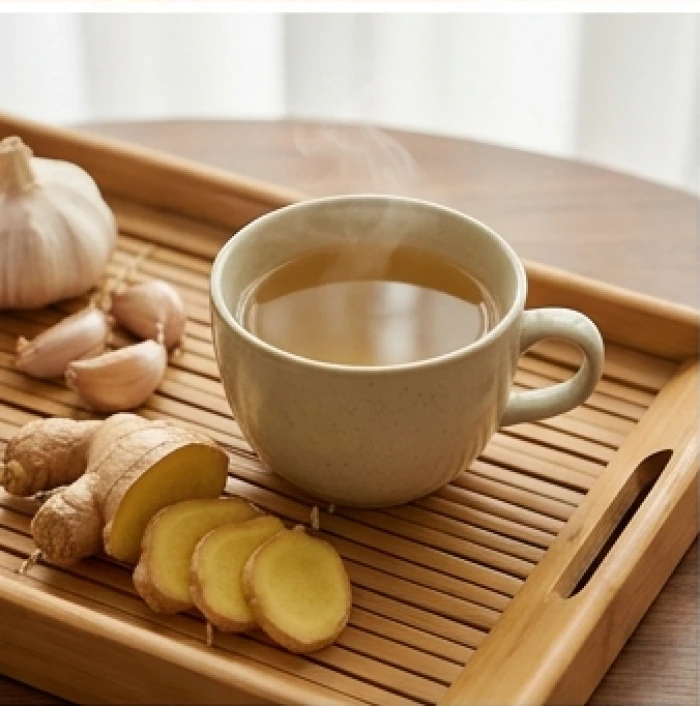 Tách trà gừng ấm cúng đặt bên cạnh gừng tươi và tỏi giúp giữ ấm xương khớp mùa lạnh