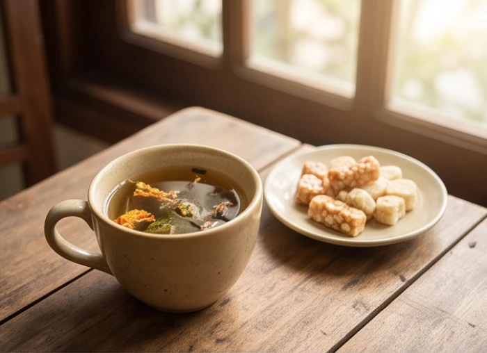 Thưởng thức trà thảo mộc ấm giúp bảo vệ dạ dày khi thời tiết chuyển mùa từ hạ sang thu