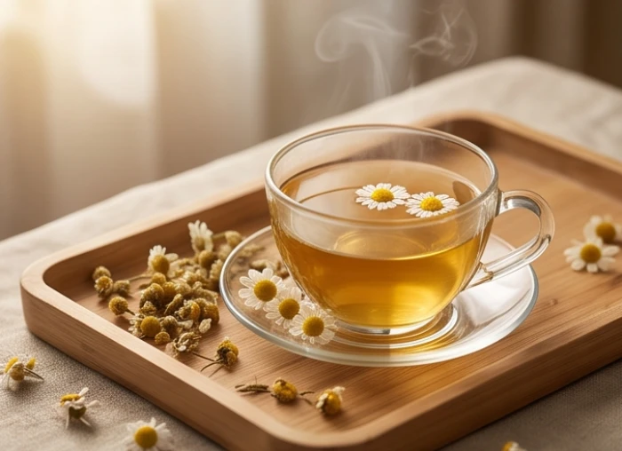 Tách trà thảo mộc hoa cúc nóng hổi tỏa khói nhẹ nhàng bên cạnh không gian thư giãn yên tĩnh