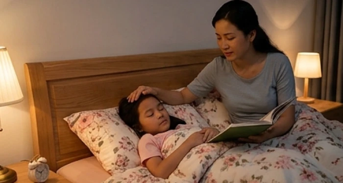 Người mẹ đang ngồi bên giường ngủ êm ái thủ thỉ tâm tình cùng bé gái sáu tuổi để giúp con giải tỏa những nỗi lo âu thầm kín