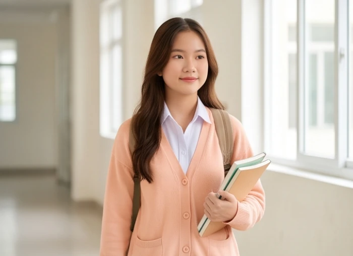 Nữ sinh Kỷ Sửu 2009 thanh lịch với áo khoác cam đào phối sơ mi trắng khi ôn luyện trước kỳ thi