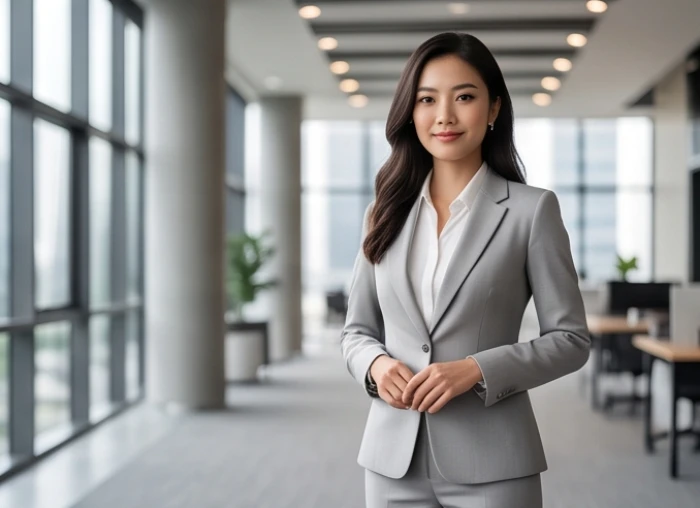 Nữ nhân viên mặc bộ vest công sở màu ghi xám thanh lịch toát lên vẻ chuyên nghiệp khi tham gia đàm phán