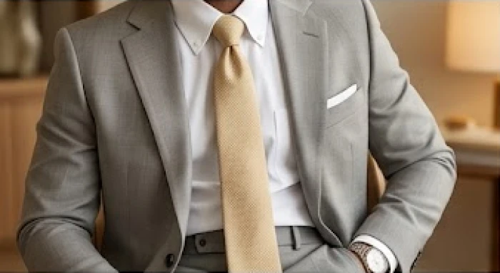 Doanh nhân nam mặc bộ suit màu ghi xám kết hợp sơ mi trắng và cà vạt vàng cát khi đàm phán
