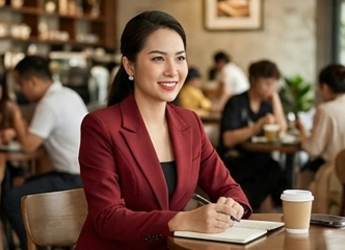 Người phụ nữ diện chiếc áo vest màu đỏ mận tự tin ngồi tại không gian quán cà phê ngập tràn ánh sáng tự nhiên