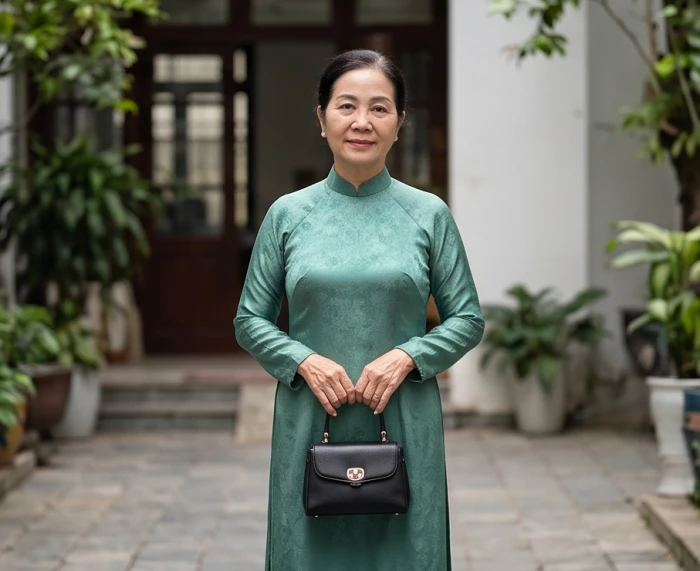 Người phụ nữ ngoài 70 tuổi mặc áo dài lụa màu xanh ngọc bích phối cùng túi xách màu đen thanh lịch