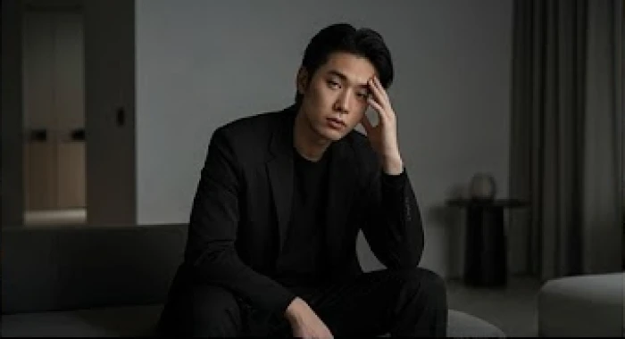 Người phụ nữ mặc trang phục màu đen tuyền đang ngồi nghỉ ngơi với vẻ mệt mỏi