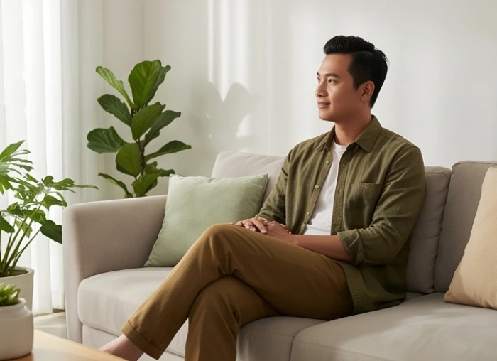 Gia chủ kết hợp trang phục màu nâu đất và không gian làm việc để cân bằng năng lượng ngũ hành Kim sinh Thủy
