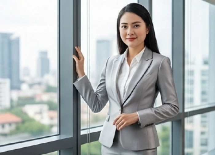 Nữ nhân viên văn phòng tự tin trong bộ trang phục màu xám bạc thanh lịch mang năng lượng tương sinh