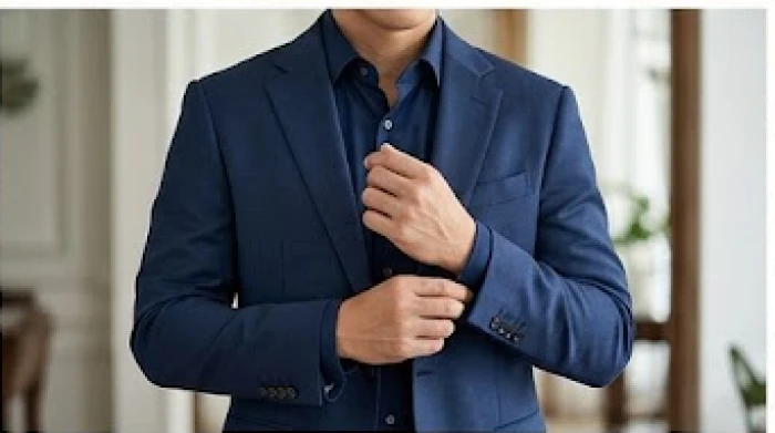 Bộ trang phục công sở lịch lãm mang tông màu xanh đen đại diện cho hành Thủy hỗ trợ người mệnh Mộc