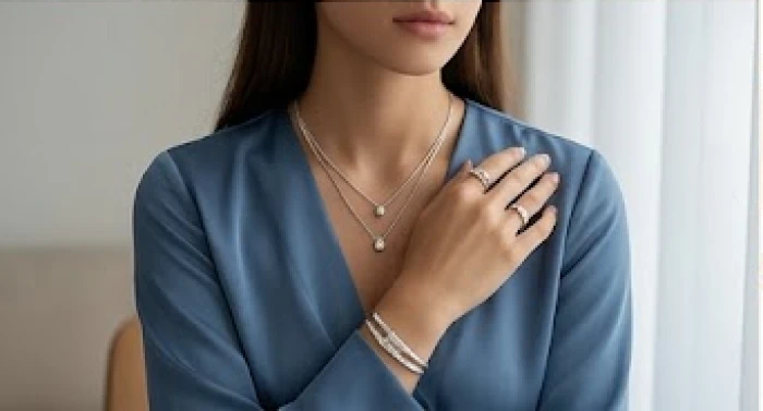 Bộ trang phục màu xanh dương thanh lịch được phối cùng phụ kiện trang sức màu bạc
