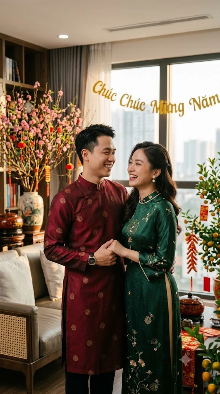 Gia đình lựa chọn áo dài và trang phục ngày Tết mang màu xanh lá tươi tắn hợp mệnh Sơn Đầu Hỏa trong phòng khách