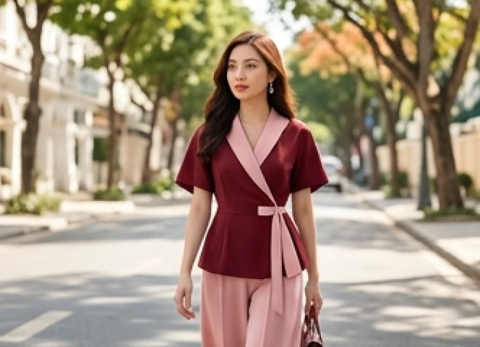 Bộ trang phục dạo phố thanh lịch với sắc đỏ và hồng phấn giúp thu hút cát khí từ sao Thái Dương.