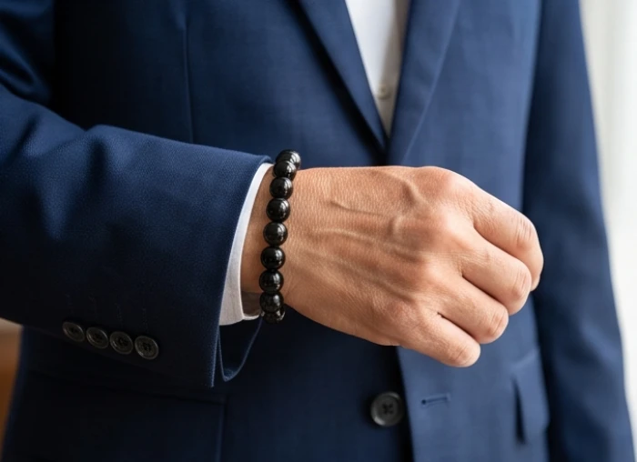 Người lớn tuổi mặc bộ vest màu xanh navy thanh lịch kết hợp cùng chiếc vòng tay mã não đen bóng