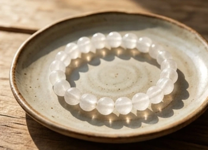 Vòng tay đá thạch anh trắng tự nhiên mười ly đặt trang trọng trên chiếc đĩa gốm mộc mạc