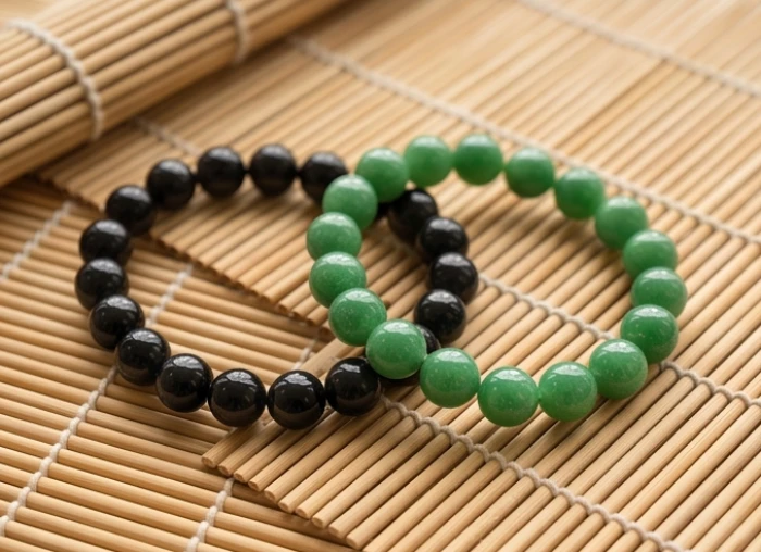 Hai chiếc vòng tay phong thủy gồm vòng đá thạch anh đen và vòng ngọc cẩm thạch xanh lá tươi tắn