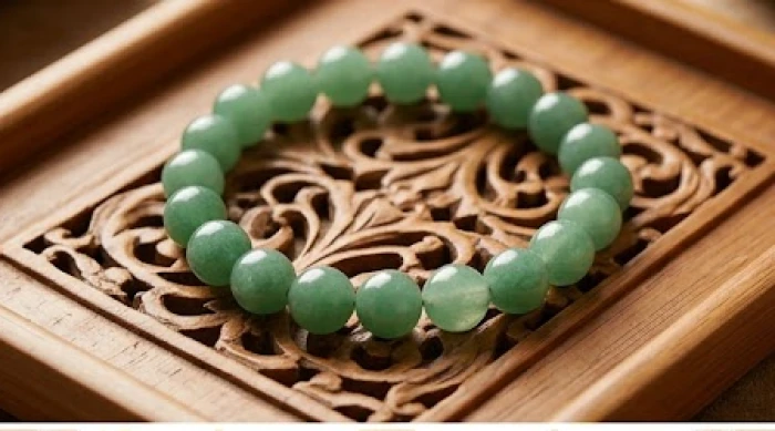 Chuỗi vòng tay phong thủy làm từ những viên đá thạch anh xanh lục bóng bẩy đặt trên chiếc khay gỗ chạm khắc tinh xảo