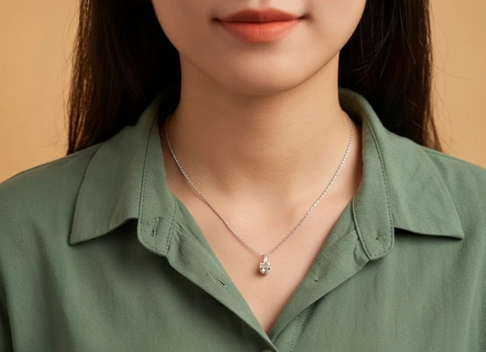 Sợi dây chuyền bạc nữ tính được đeo trên cổ cô gái trẻ mặc áo xanh lá