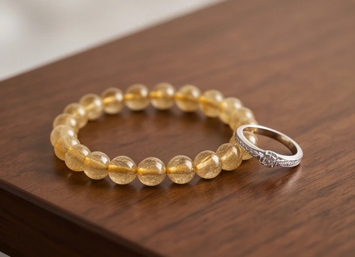 Chuỗi vòng tay thạch anh tóc vàng kết hợp nhẫn bạc bạch kim sang trọng thu hút tài lộc cho giáp tý 1984