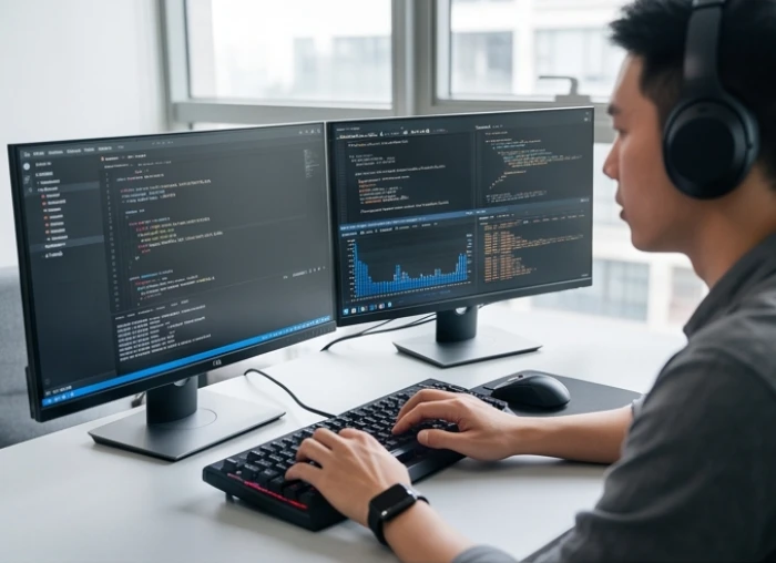 Lập trình viên say sưa gõ phím và xem xét các biểu đồ phân tích liên tục trong nhiều giờ liền