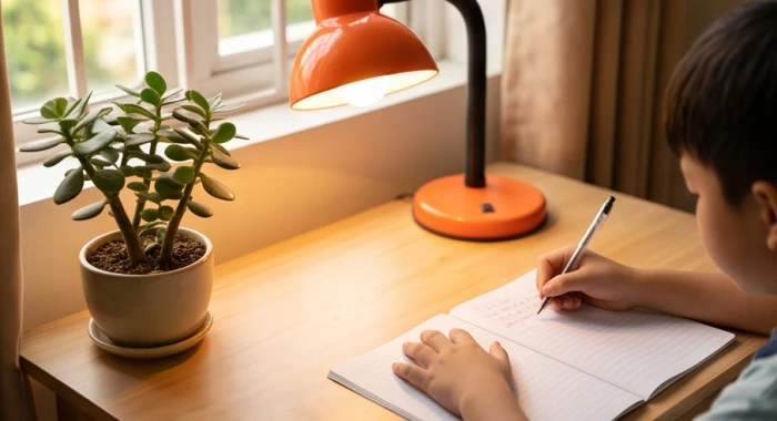 Đèn học màu cam nổi bật được đặt cạnh chậu cây kim tiền nhỏ trên bàn của trẻ