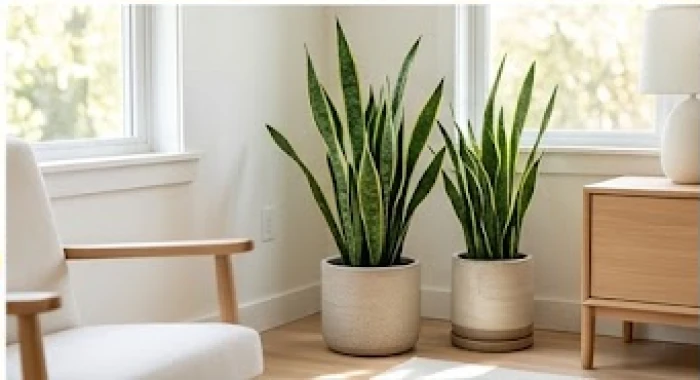 Những chậu cây lưỡi hổ khỏe mạnh đặt tại góc phòng khách thanh lọc không khí và bổ sung sinh khí